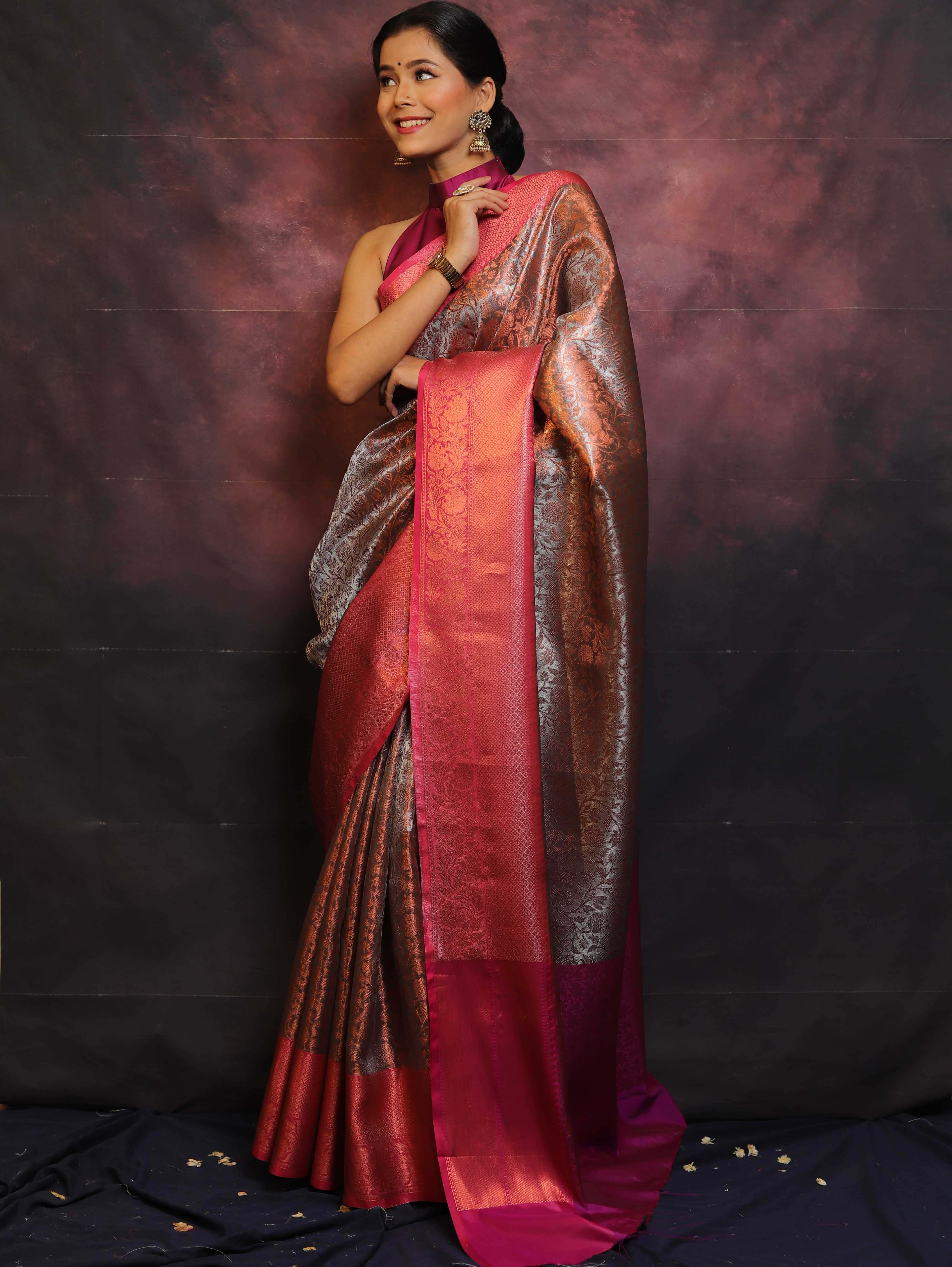 Banarasee Handwoven Broad Border Zari Jaal Design Tissue Saree-Grey & Pink