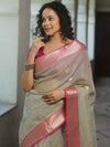 Banarasee Cotton Silk Kota Checks Saree With Zari Design-Silver & Pink