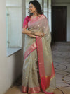 Banarasee Cotton Silk Kota Checks Saree With Zari Design-Silver & Pink