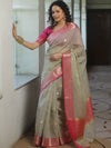 Banarasee Cotton Silk Kota Checks Saree With Zari Design-Silver & Pink