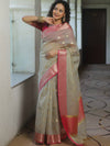 Banarasee Cotton Silk Kota Checks Saree With Zari Design-Silver & Pink