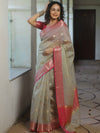 Banarasee Cotton Silk Kota Checks Saree With Zari Design-Silver & Pink