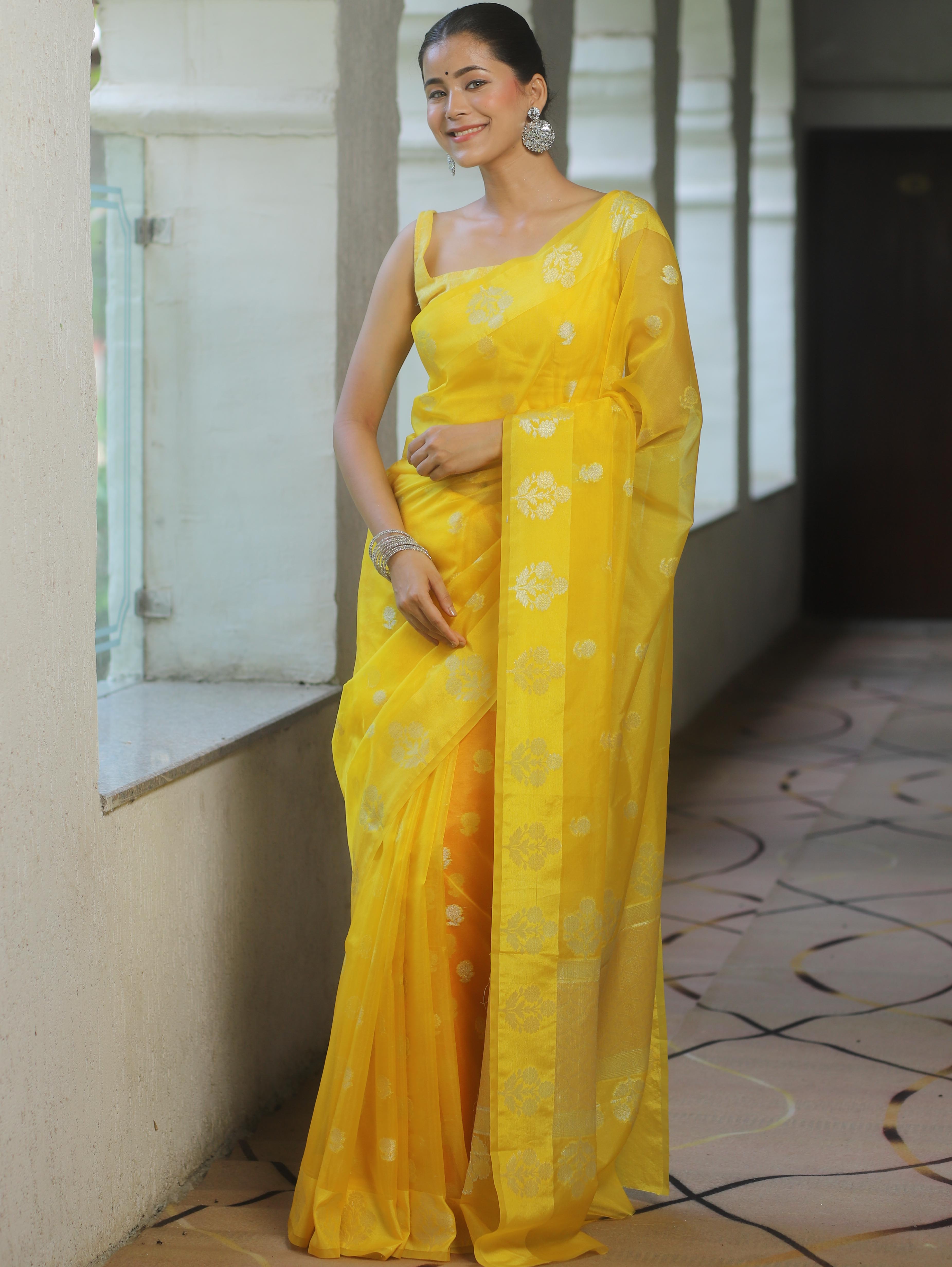 Banarasee Organza Mix Saree With Zari Buti Design-Yellow