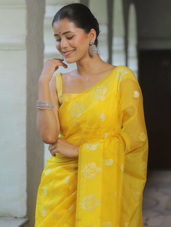 Banarasee Organza Mix Saree With Zari Buti Design-Yellow