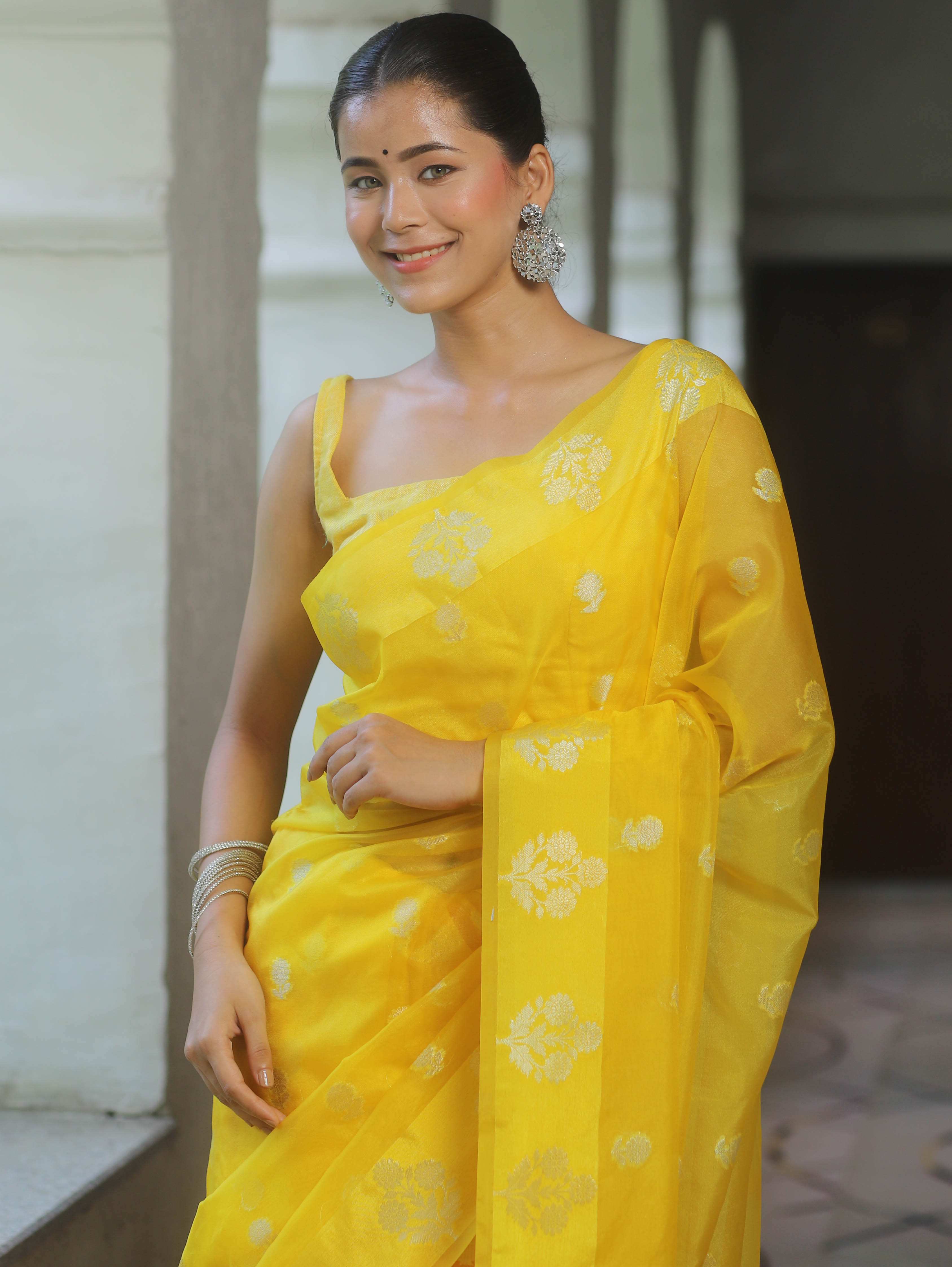 Banarasee Organza Mix Saree With Zari Buti Design-Yellow