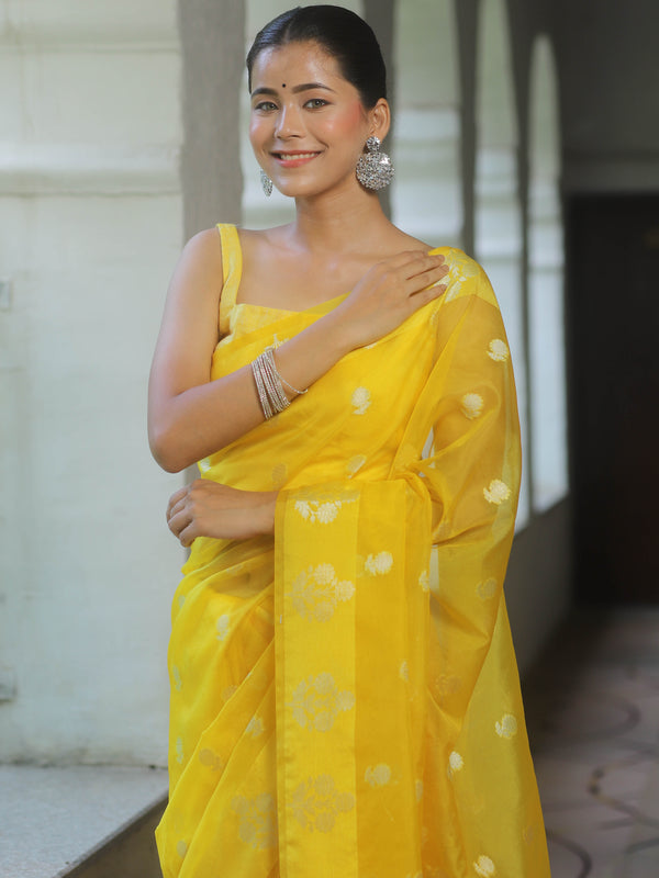 Banarasee Organza Mix Saree With Zari Buti Design-Yellow