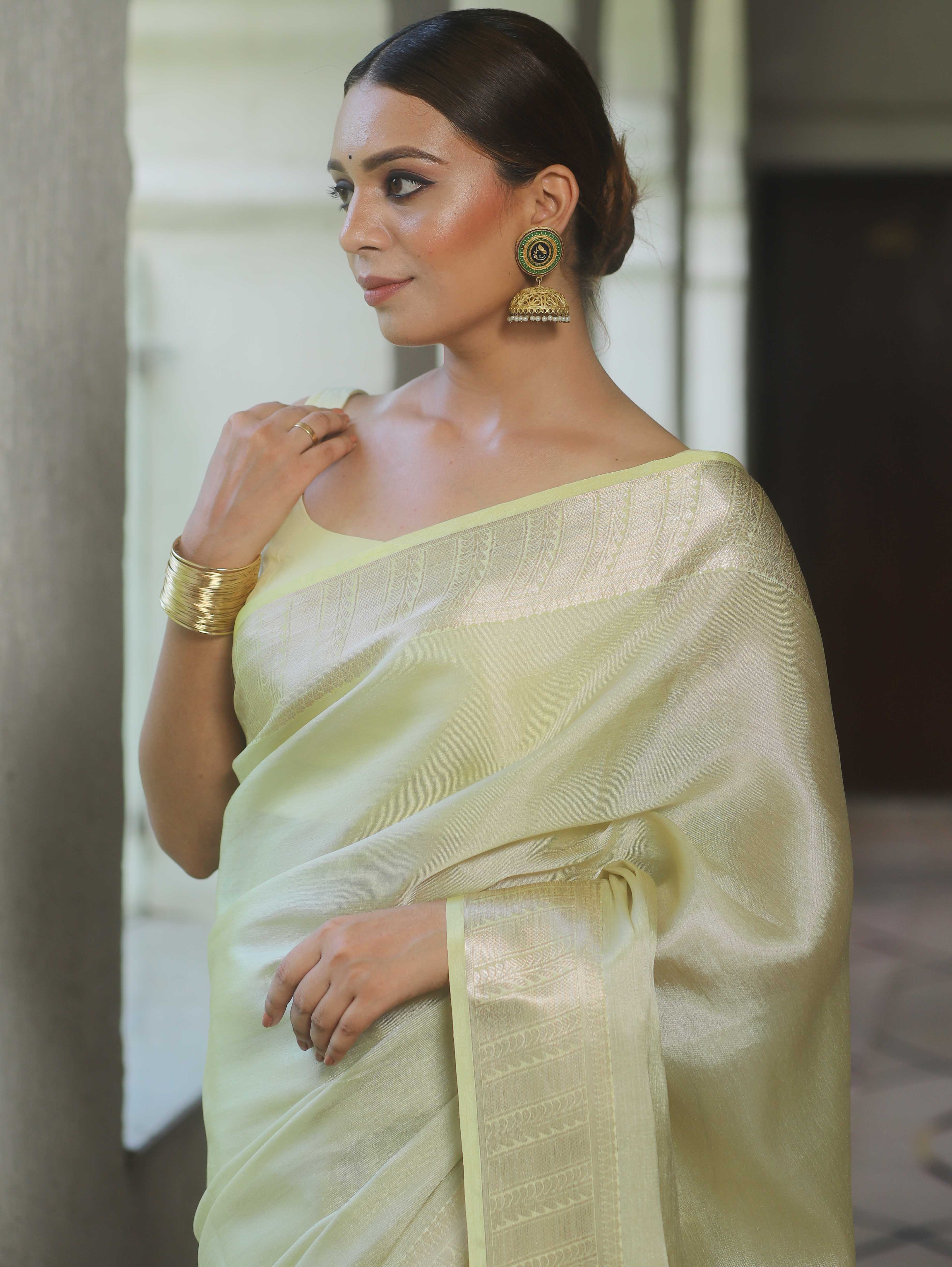 Banarasee Handwoven Plain Tissue Katan Saree With Zari Border-Light Yellow