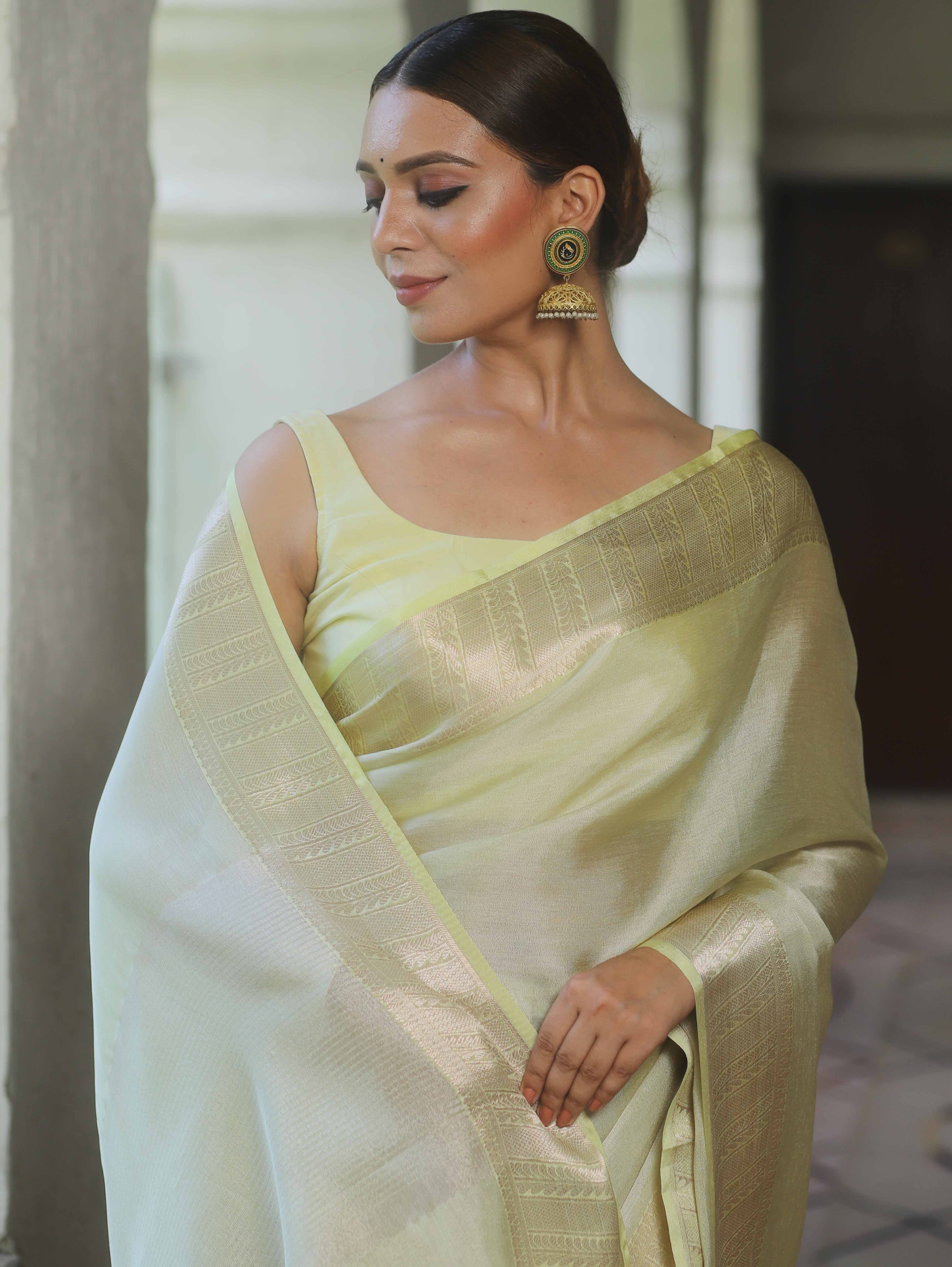 Banarasee Handwoven Plain Tissue Katan Saree With Zari Border-Light Yellow