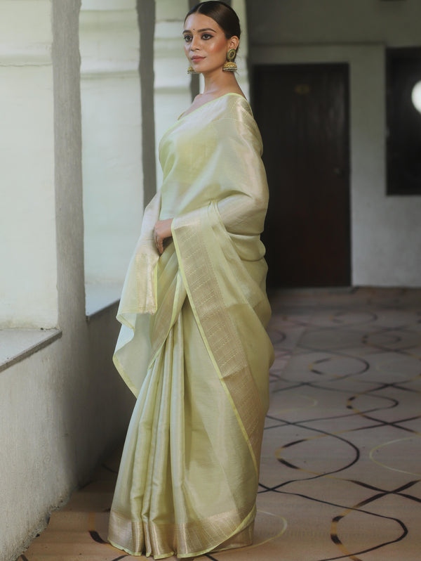 Banarasee Handwoven Plain Tissue Katan Saree With Zari Border-Light Yellow