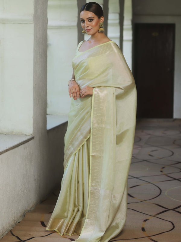 Banarasee Handwoven Plain Tissue Katan Saree With Zari Border-Light Yellow