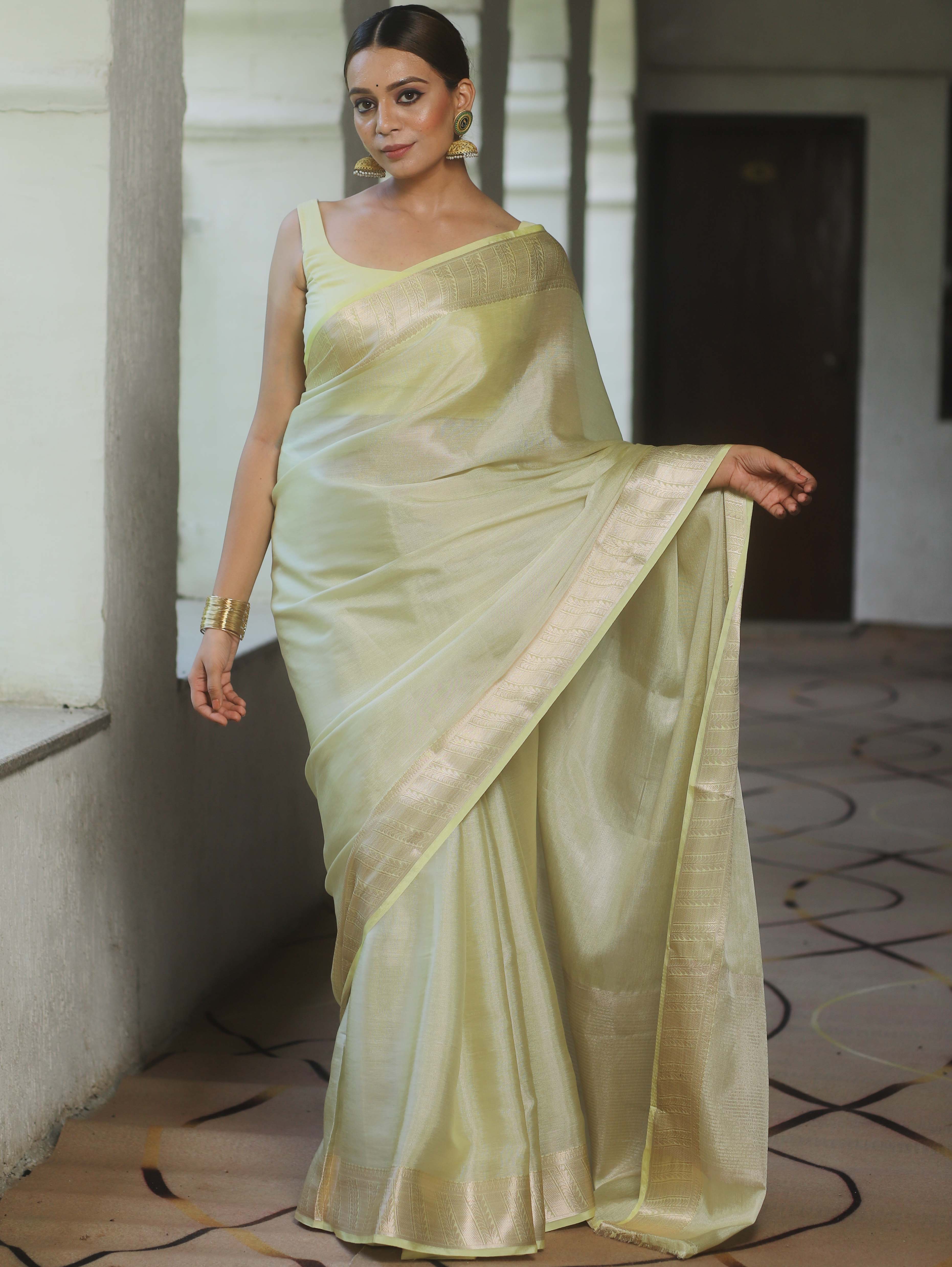 Banarasee Handwoven Plain Tissue Katan Saree With Zari Border-Light Yellow