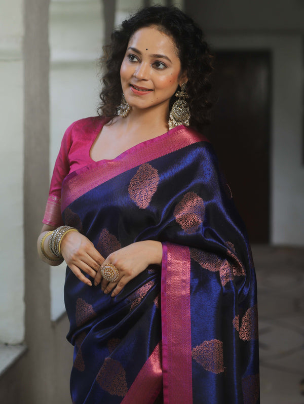 Banarasee Handwoven Contrast Border Tissue Saree-Blue