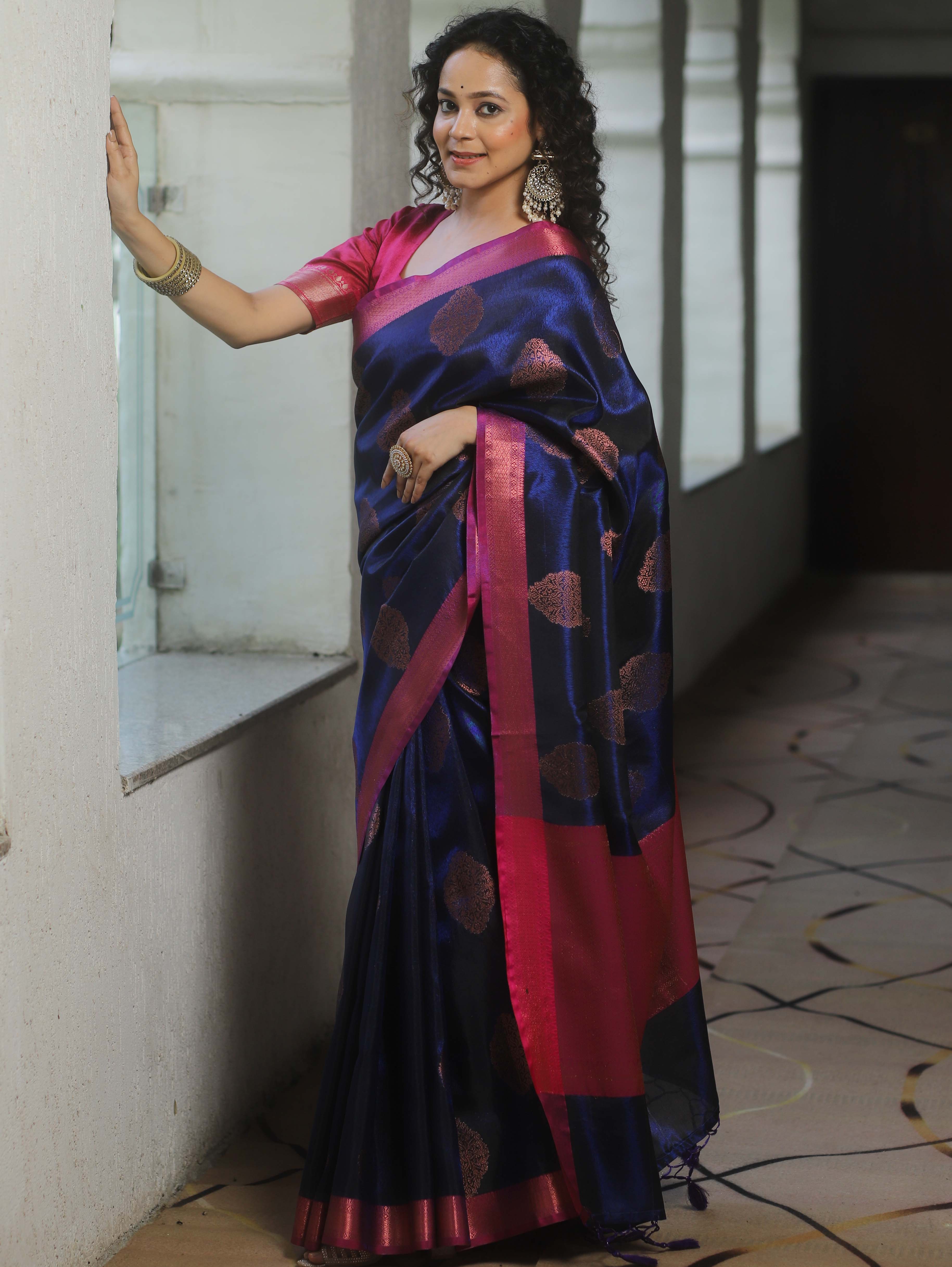 Banarasee Handwoven Contrast Border Tissue Saree-Blue