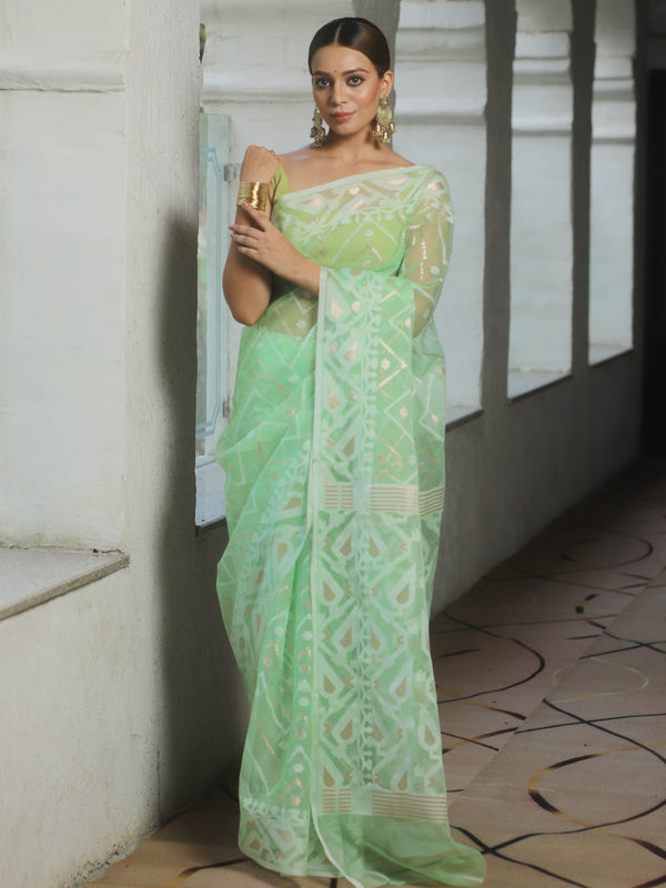 Banarasee Organza Mix Saree With Zari Zig Zag Design-Light Green