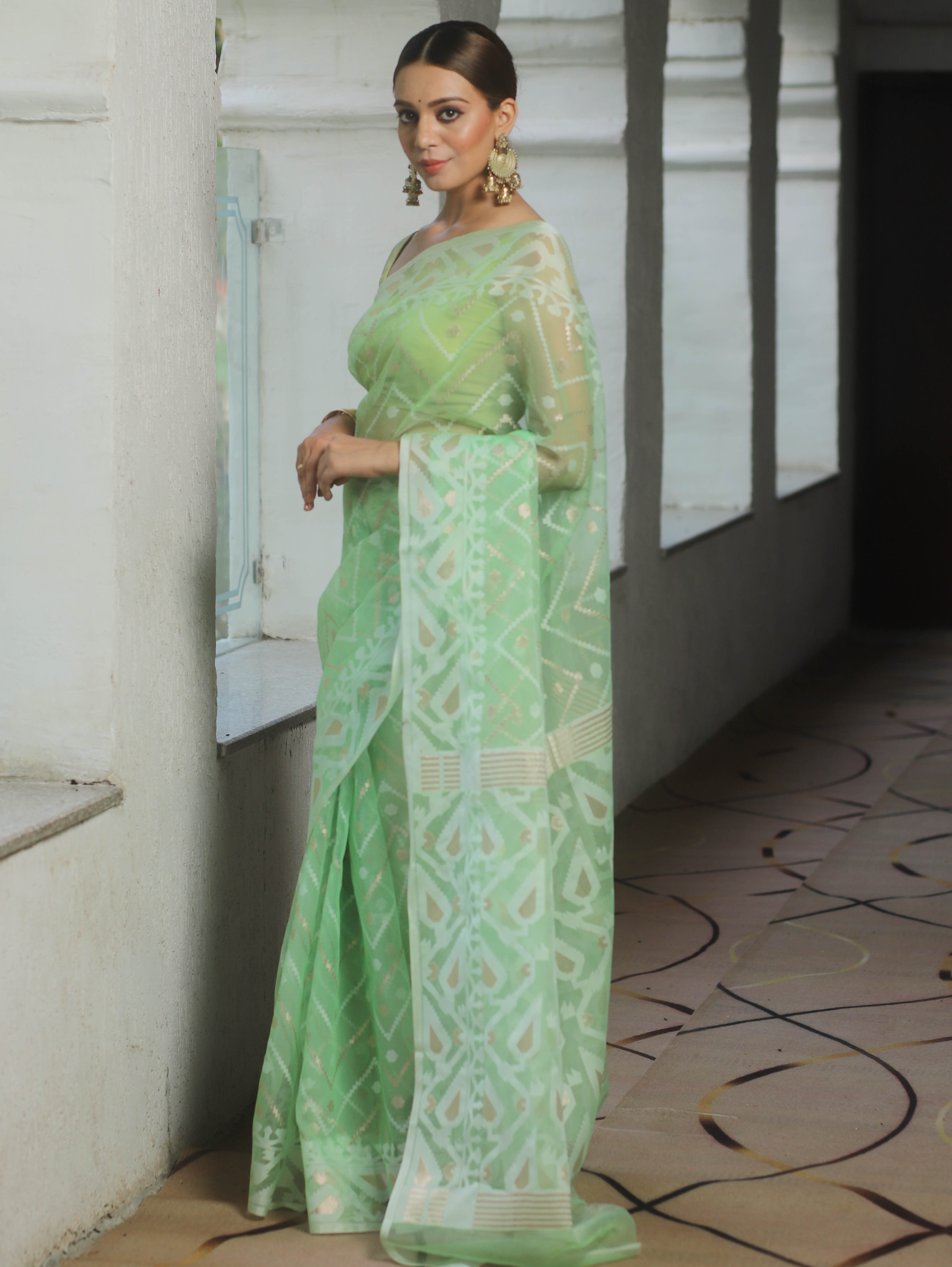 Banarasee Organza Mix Saree With Zari Zig Zag Design-Light Green