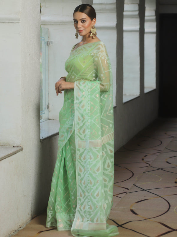 Banarasee Organza Mix Saree With Zari Zig Zag Design-Light Green