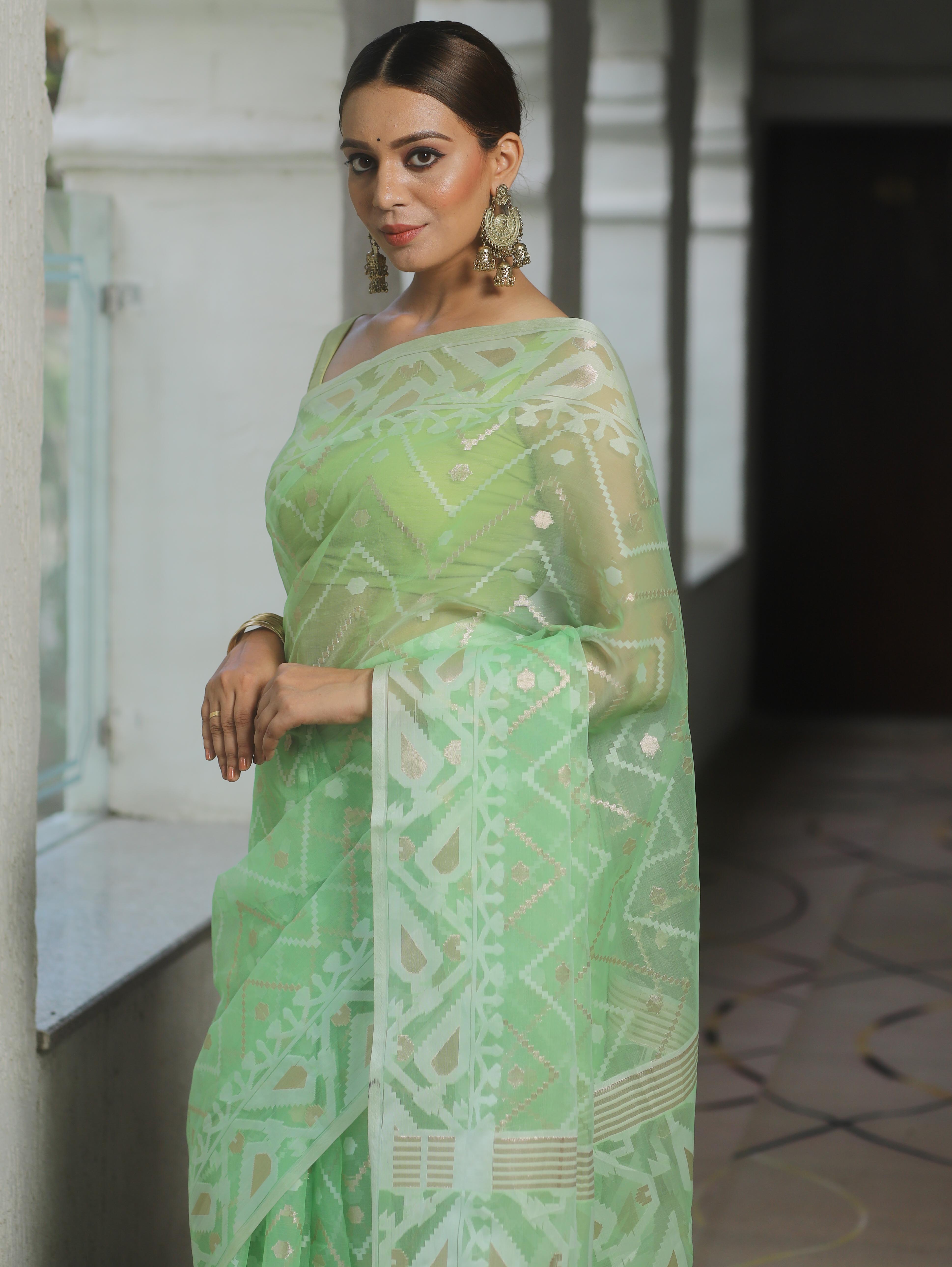 Banarasee Organza Mix Saree With Zari Zig Zag Design-Light Green