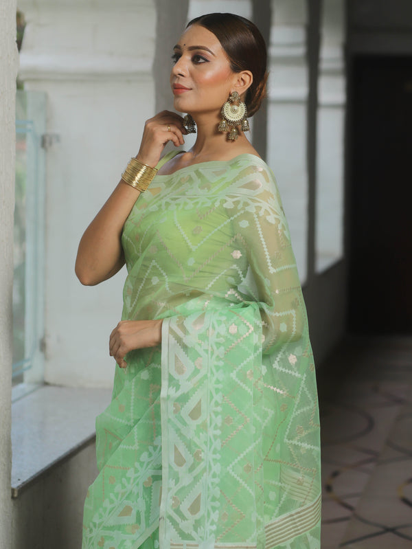 Banarasee Organza Mix Saree With Zari Zig Zag Design-Light Green