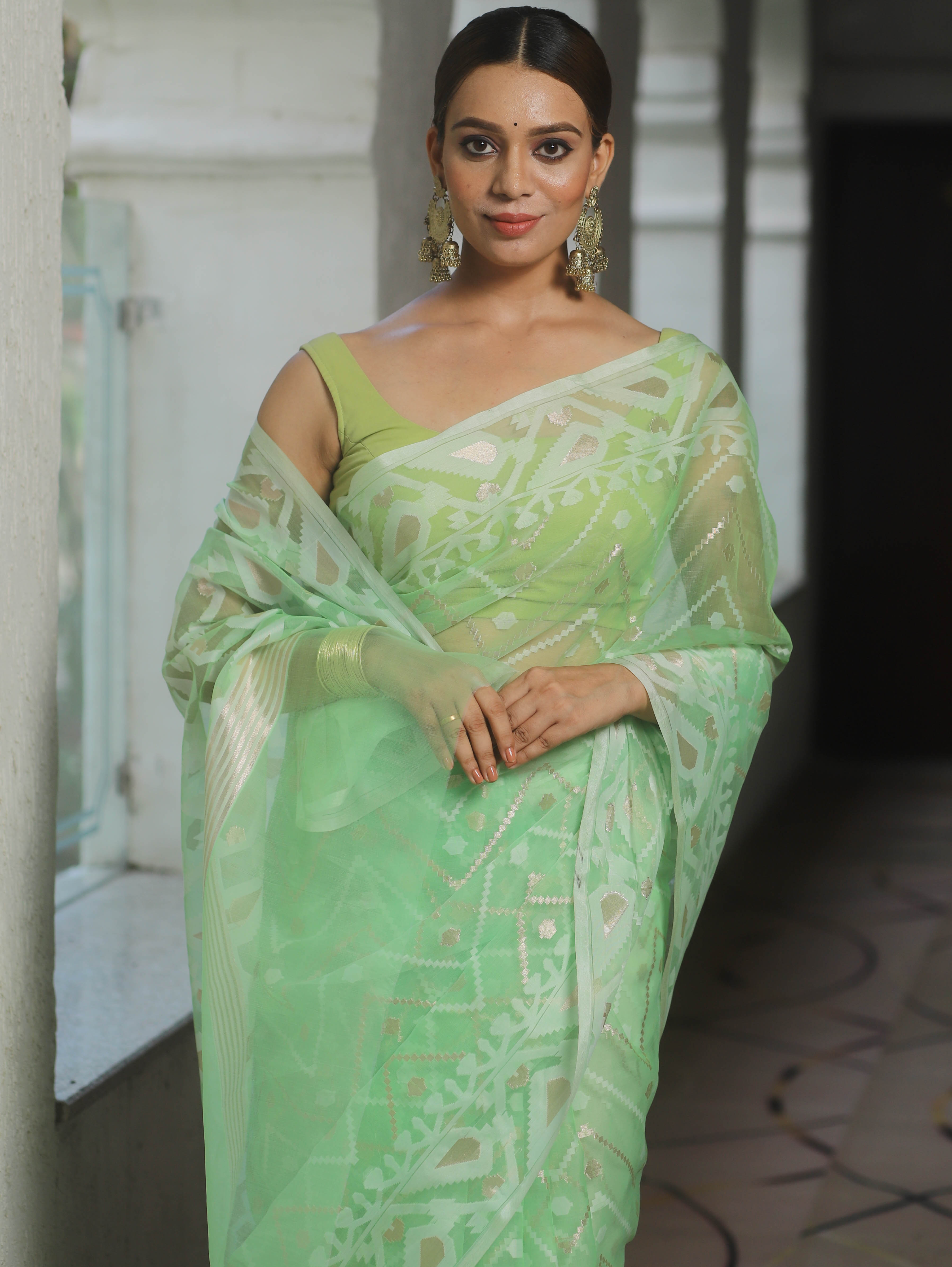 Banarasee Organza Mix Saree With Zari Zig Zag Design-Light Green