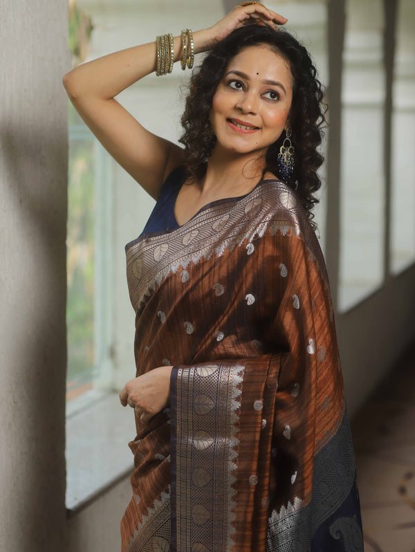 Banarasee Semi Silk Mix Banswada Saree With Zari Buta-Brown