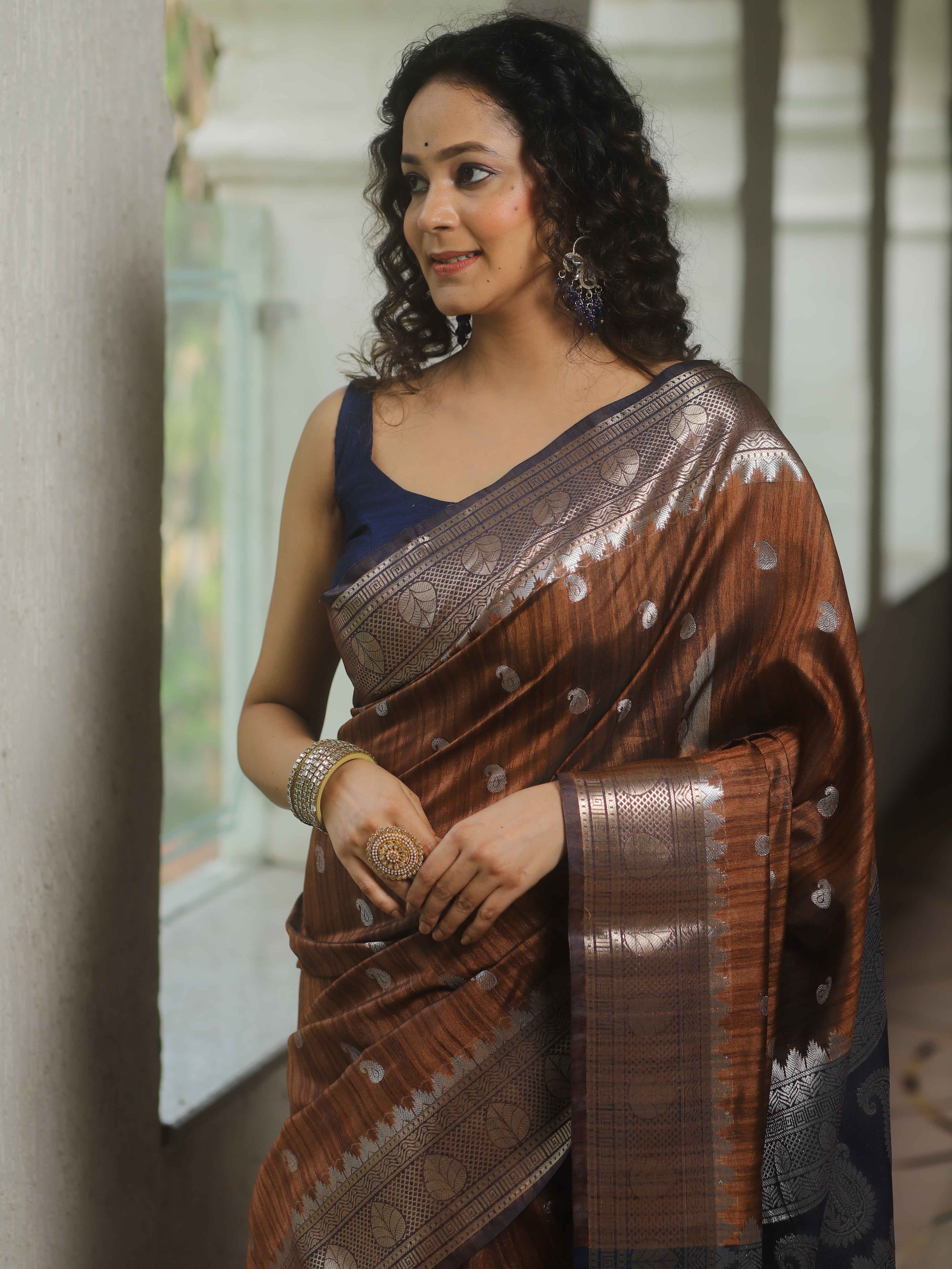 Banarasee Semi Silk Mix Banswada Saree With Zari Buta-Brown