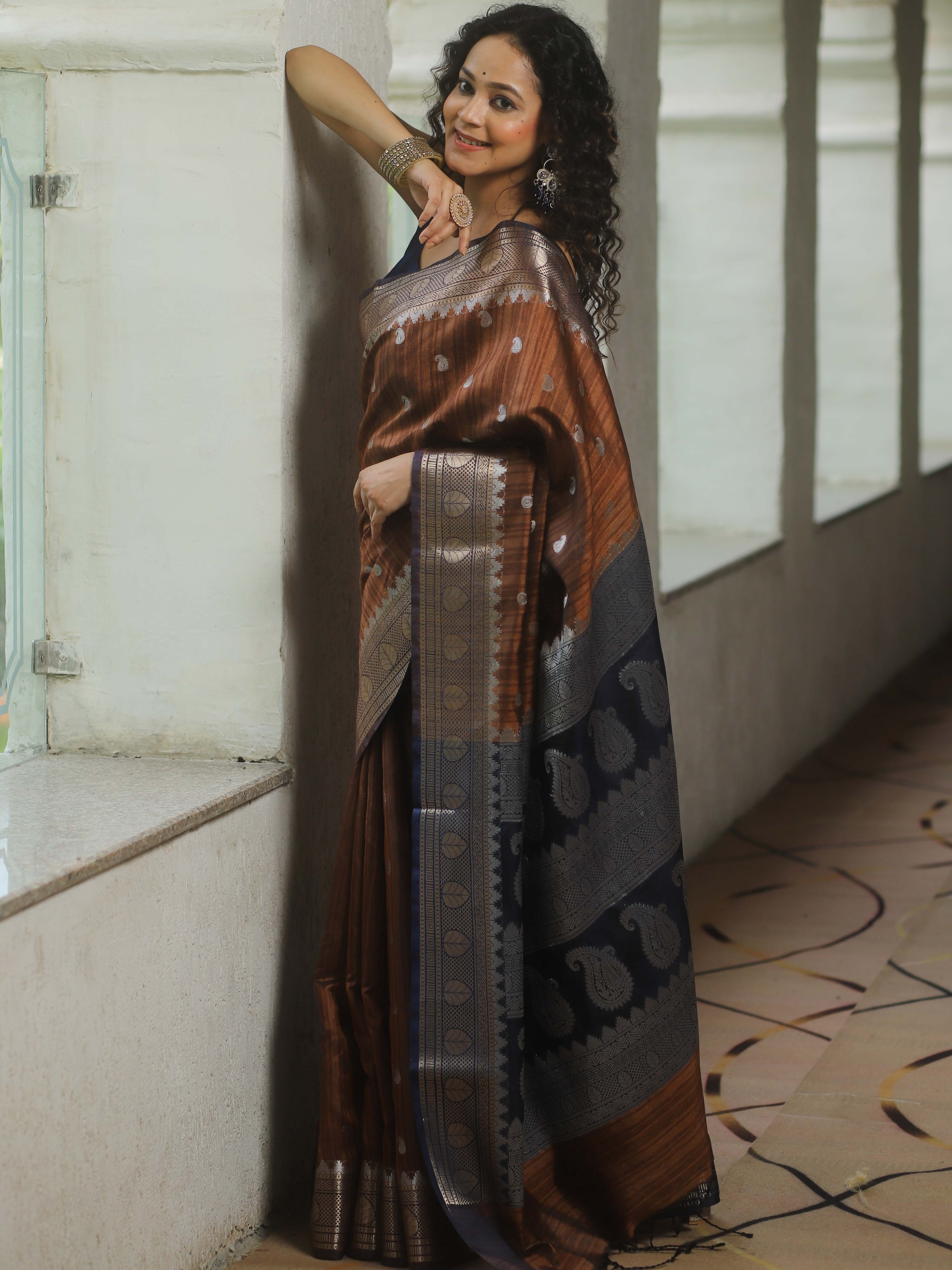 Banarasee Semi Silk Mix Banswada Saree With Zari Buta-Brown