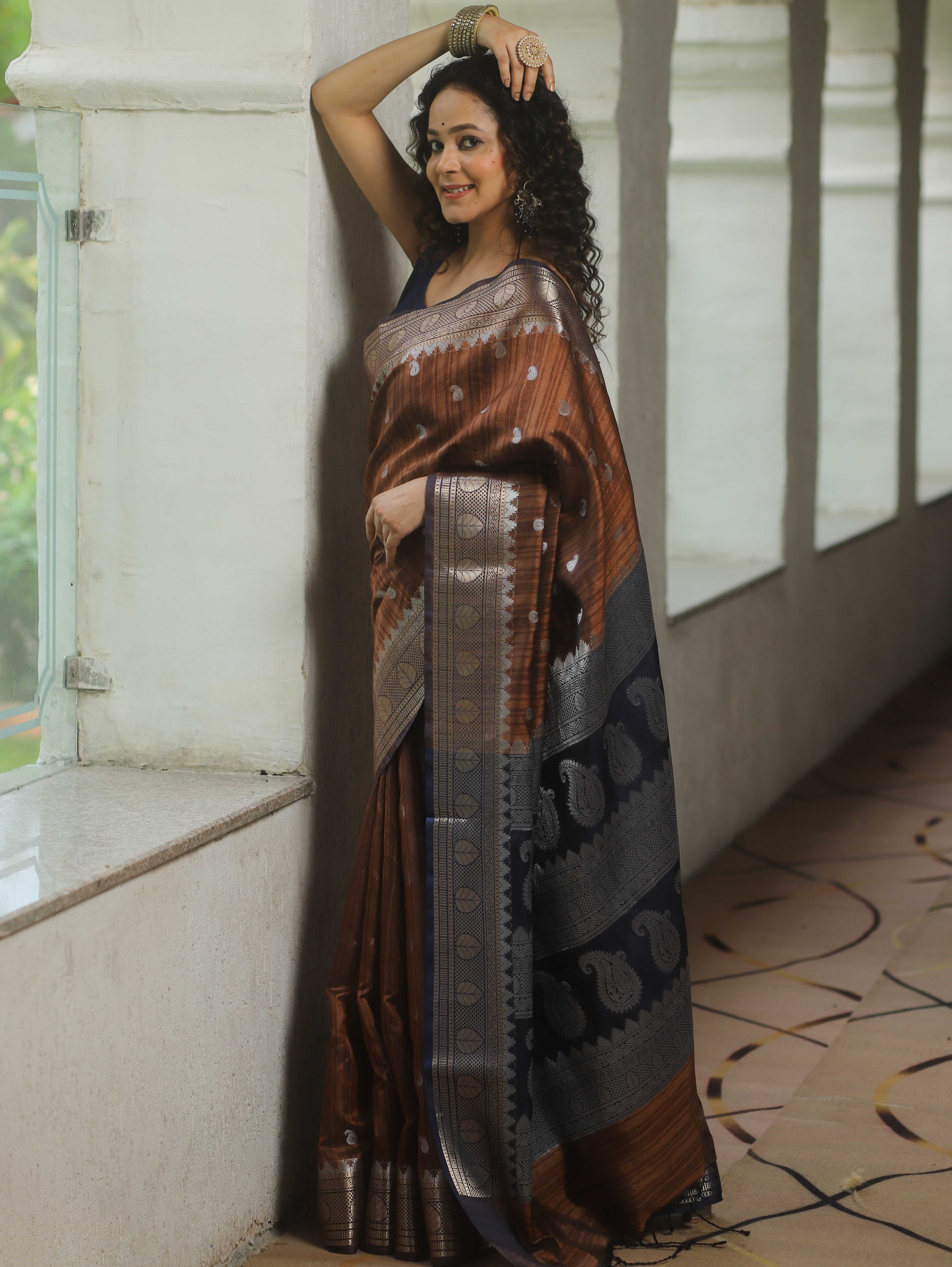 Banarasee Semi Silk Mix Banswada Saree With Zari Buta-Brown