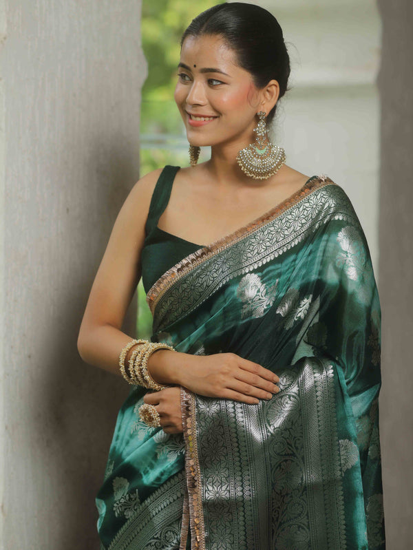 Banarasee Handwoven Semi Silk Saree Shibori Design With Lace-Green & White