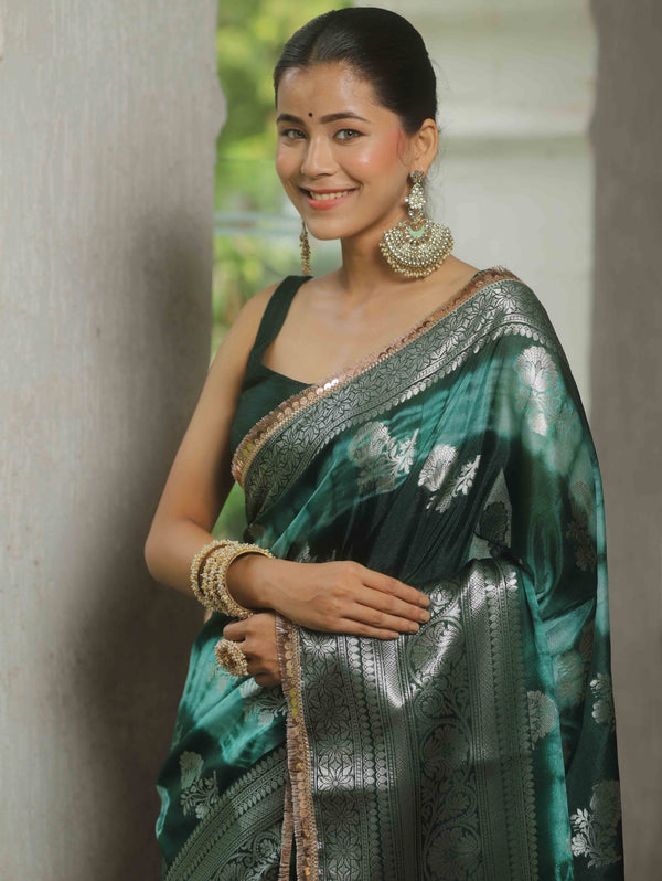 Banarasee Handwoven Semi Silk Saree Shibori Design With Lace-Green & White