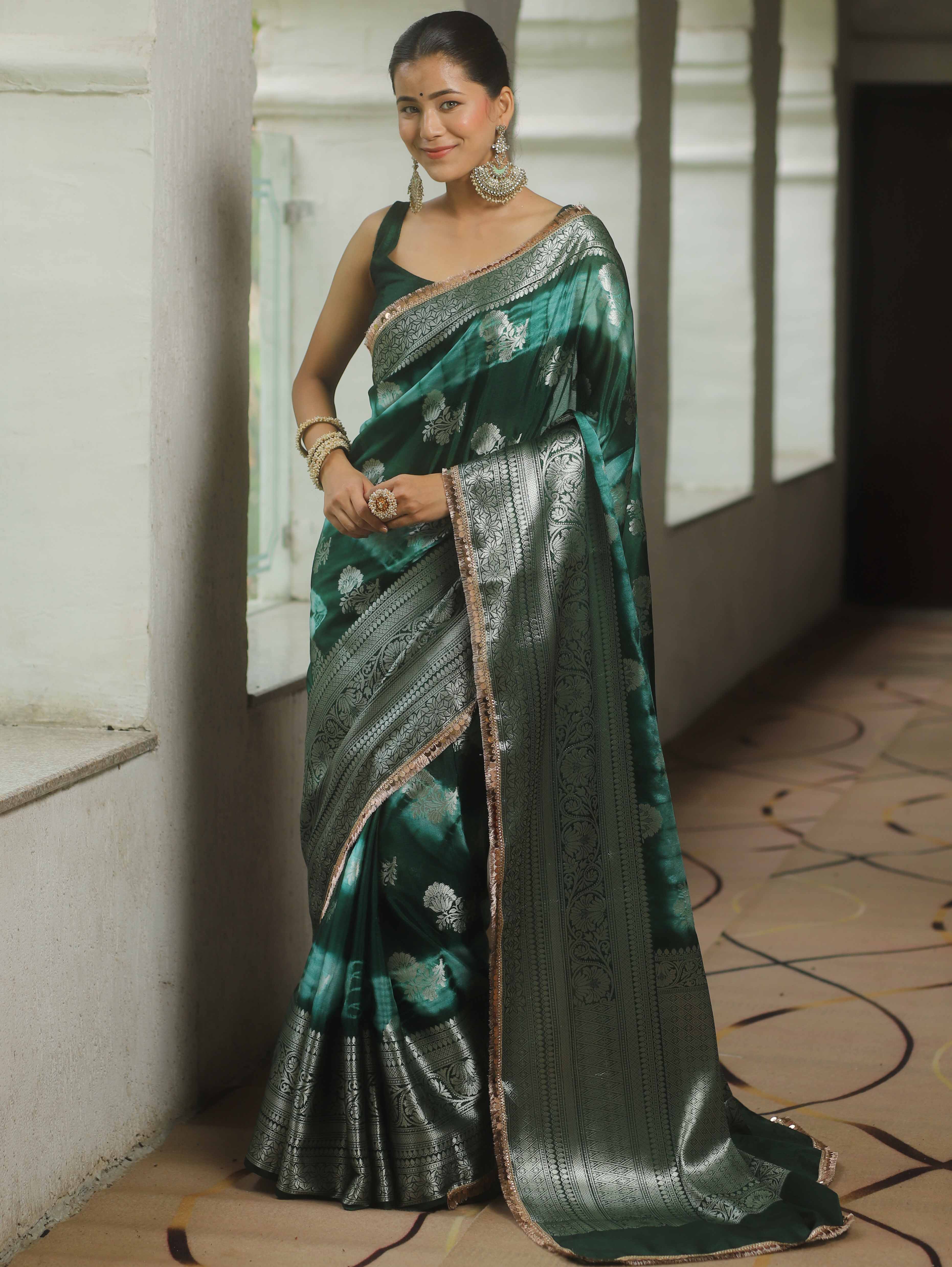 Banarasee Handwoven Semi Silk Saree Shibori Design With Lace-Green & White