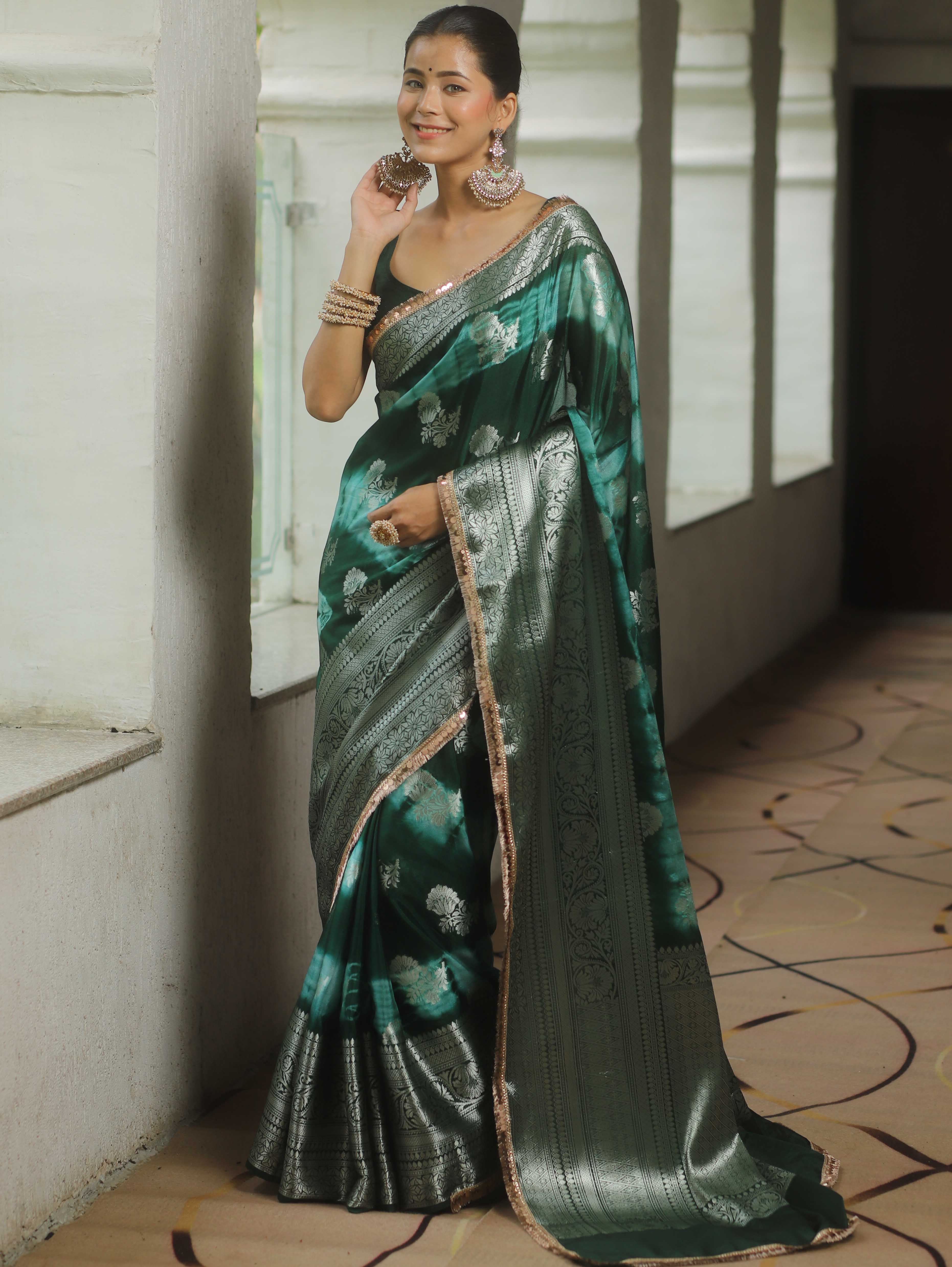 Banarasee Handwoven Semi Silk Saree Shibori Design With Lace-Green & White