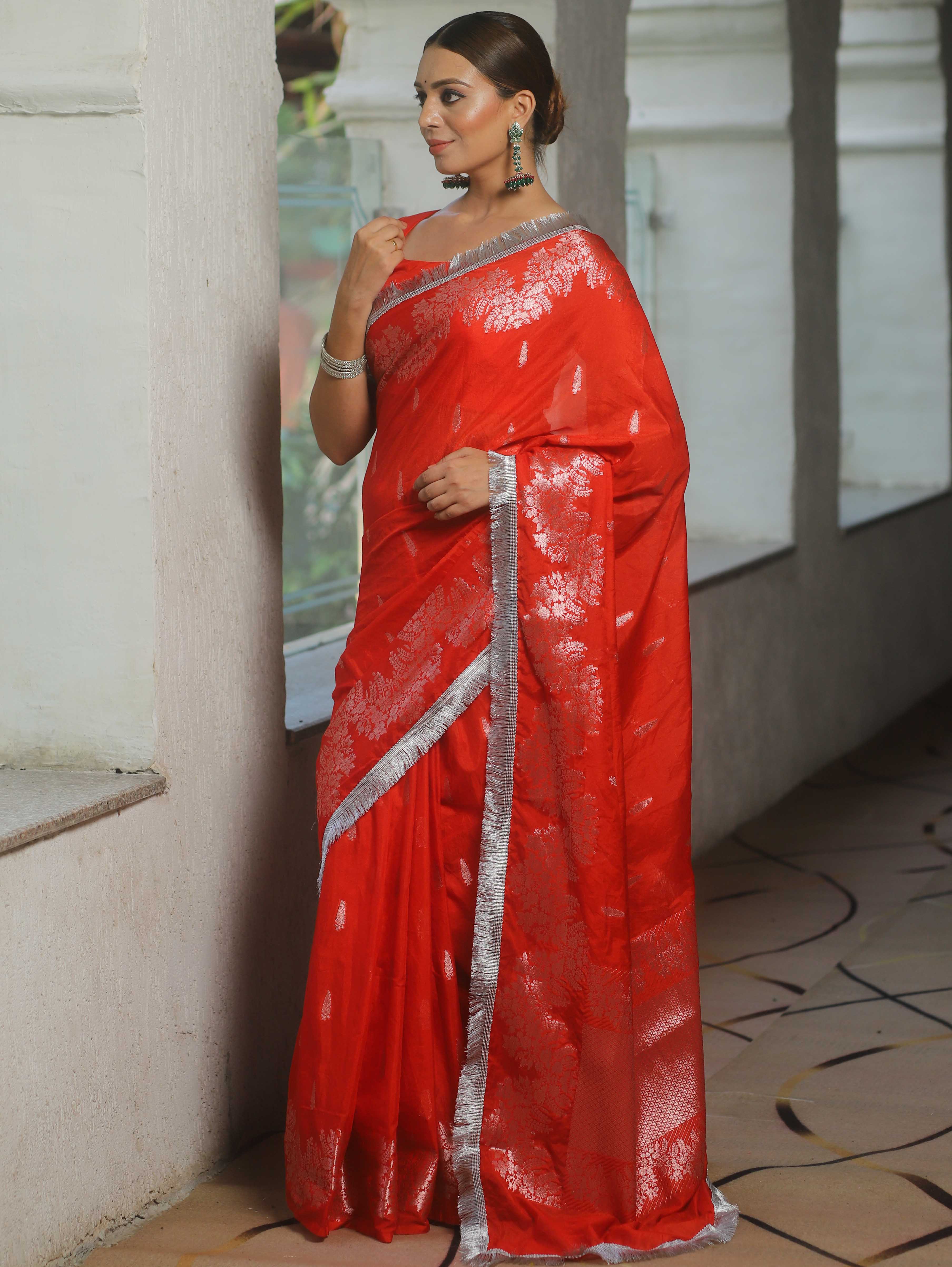 Banarasee Handwoven Katan Silk Saree Zari Border With Lace-Orange