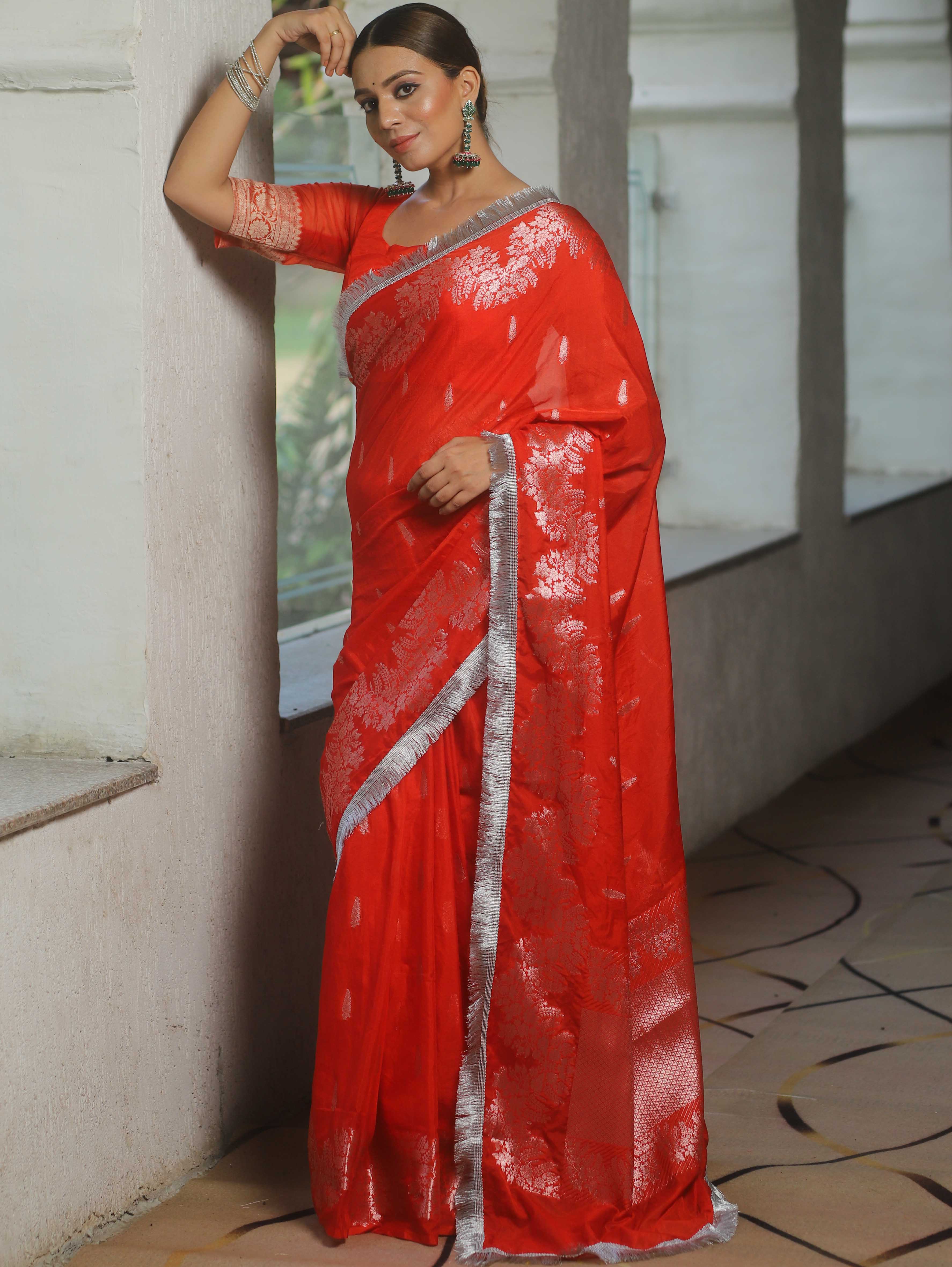 Banarasee Handwoven Katan Silk Saree Zari Border With Lace-Orange