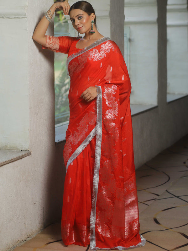 Banarasee Handwoven Katan Silk Saree Zari Border With Lace-Orange