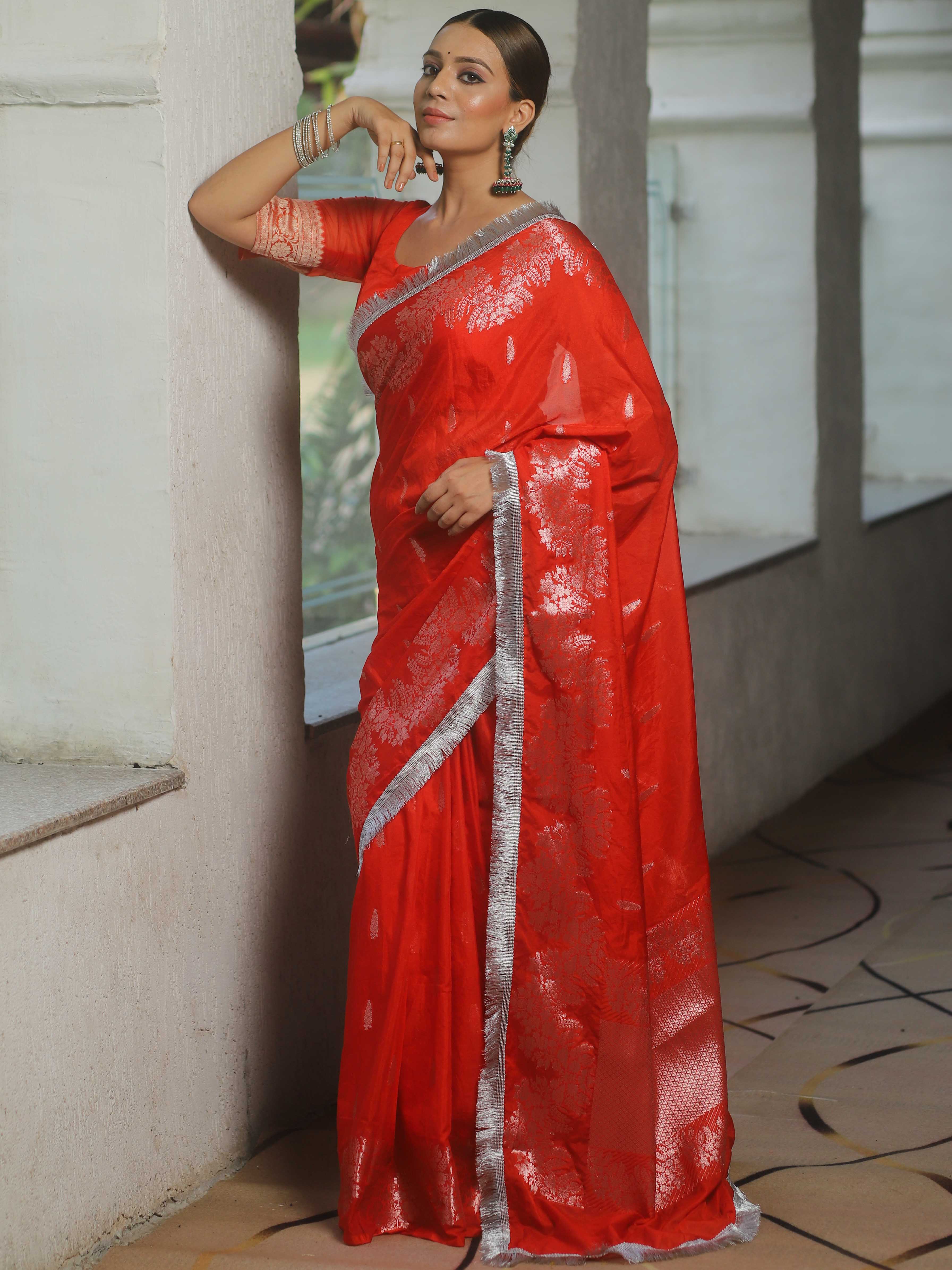 Banarasee Handwoven Katan Silk Saree Zari Border With Lace-Orange