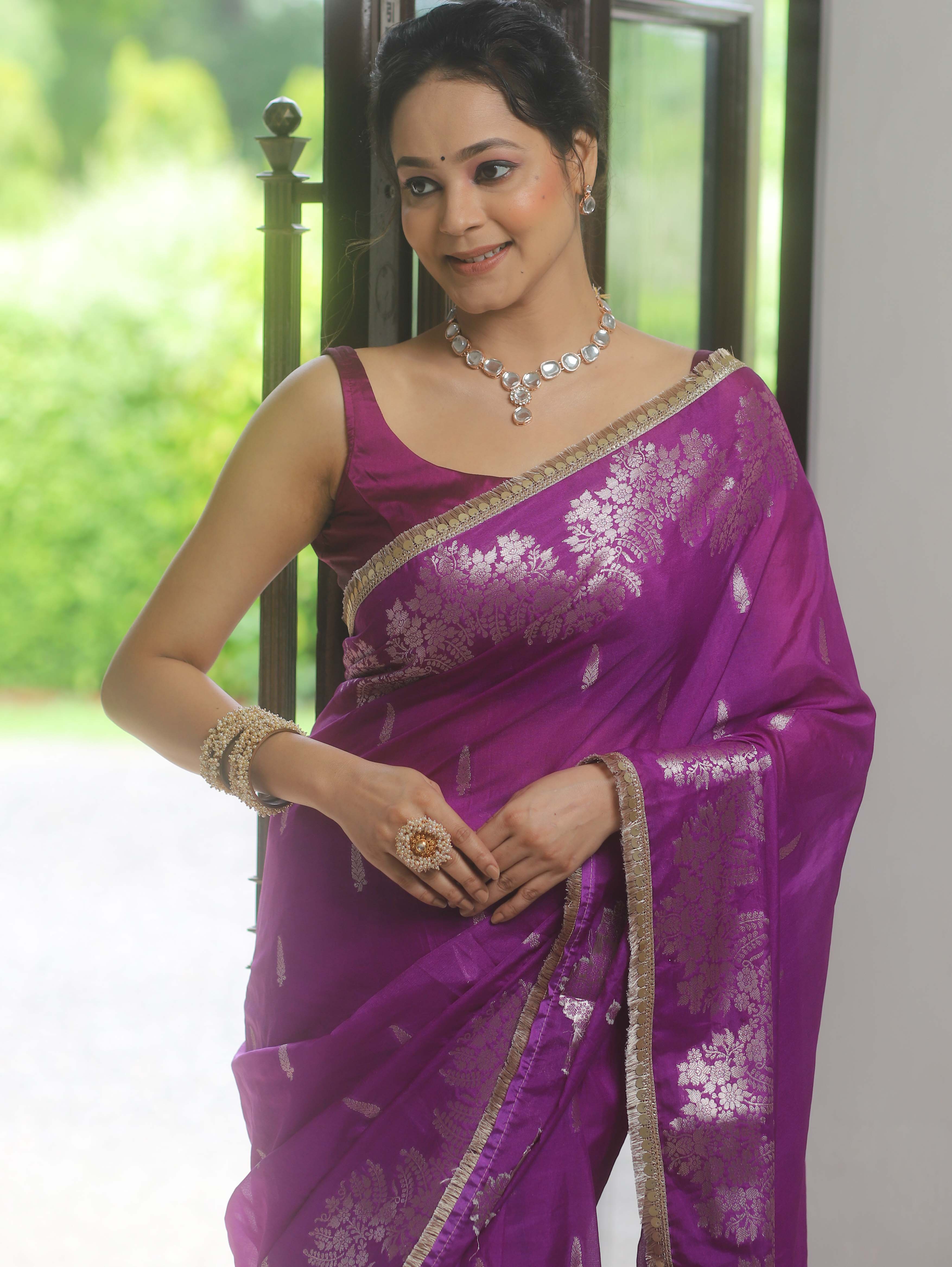 Banarasee Handwoven Katan Silk Saree Zari Border With Lace-Violet