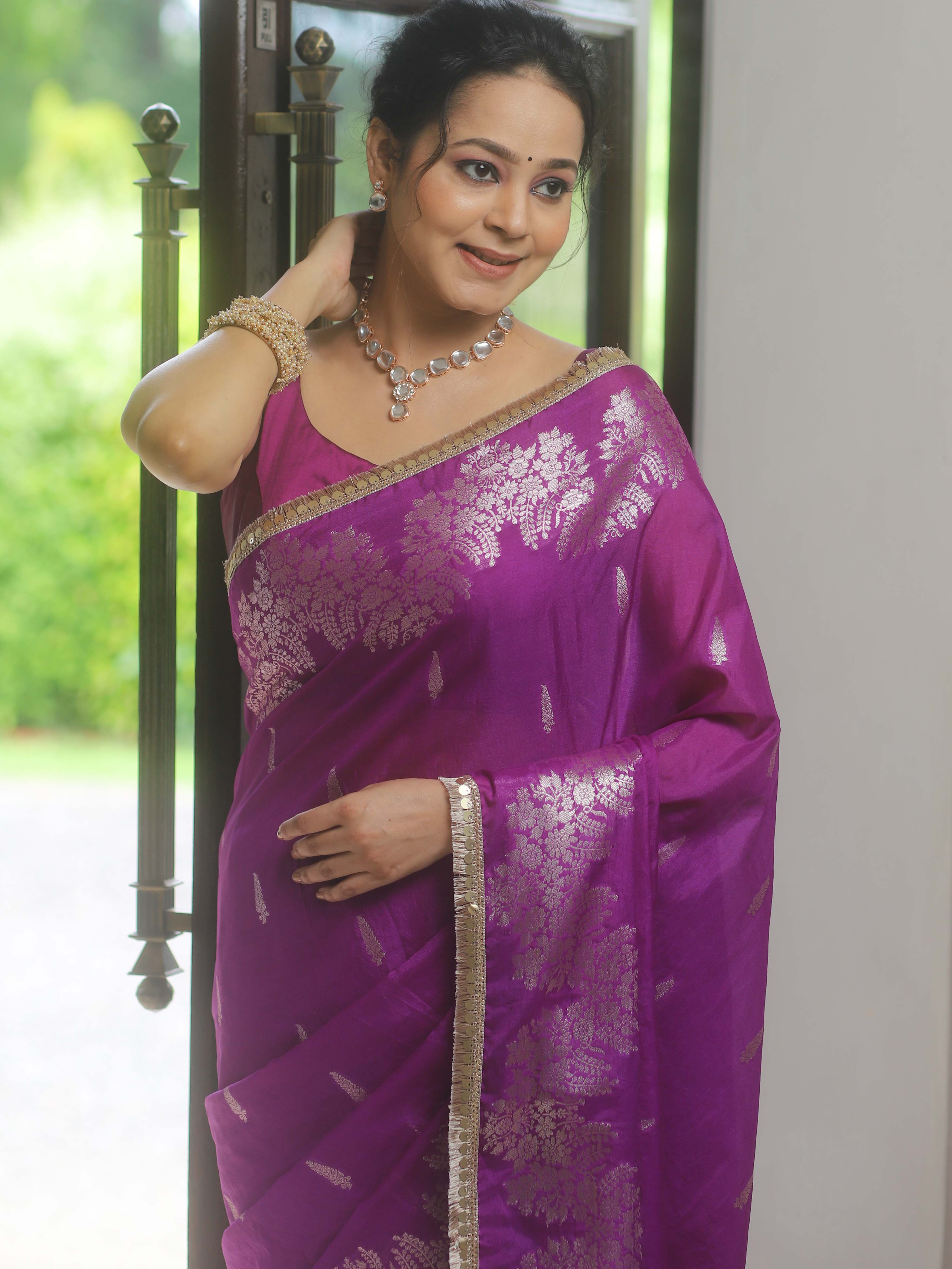 Banarasee Handwoven Katan Silk Saree Zari Border With Lace-Violet