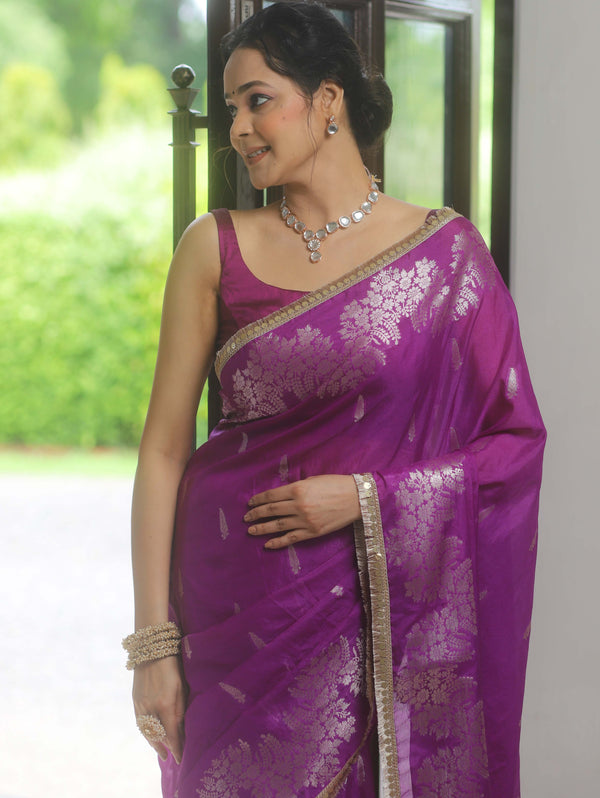 Banarasee Handwoven Katan Silk Saree Zari Border With Lace-Violet