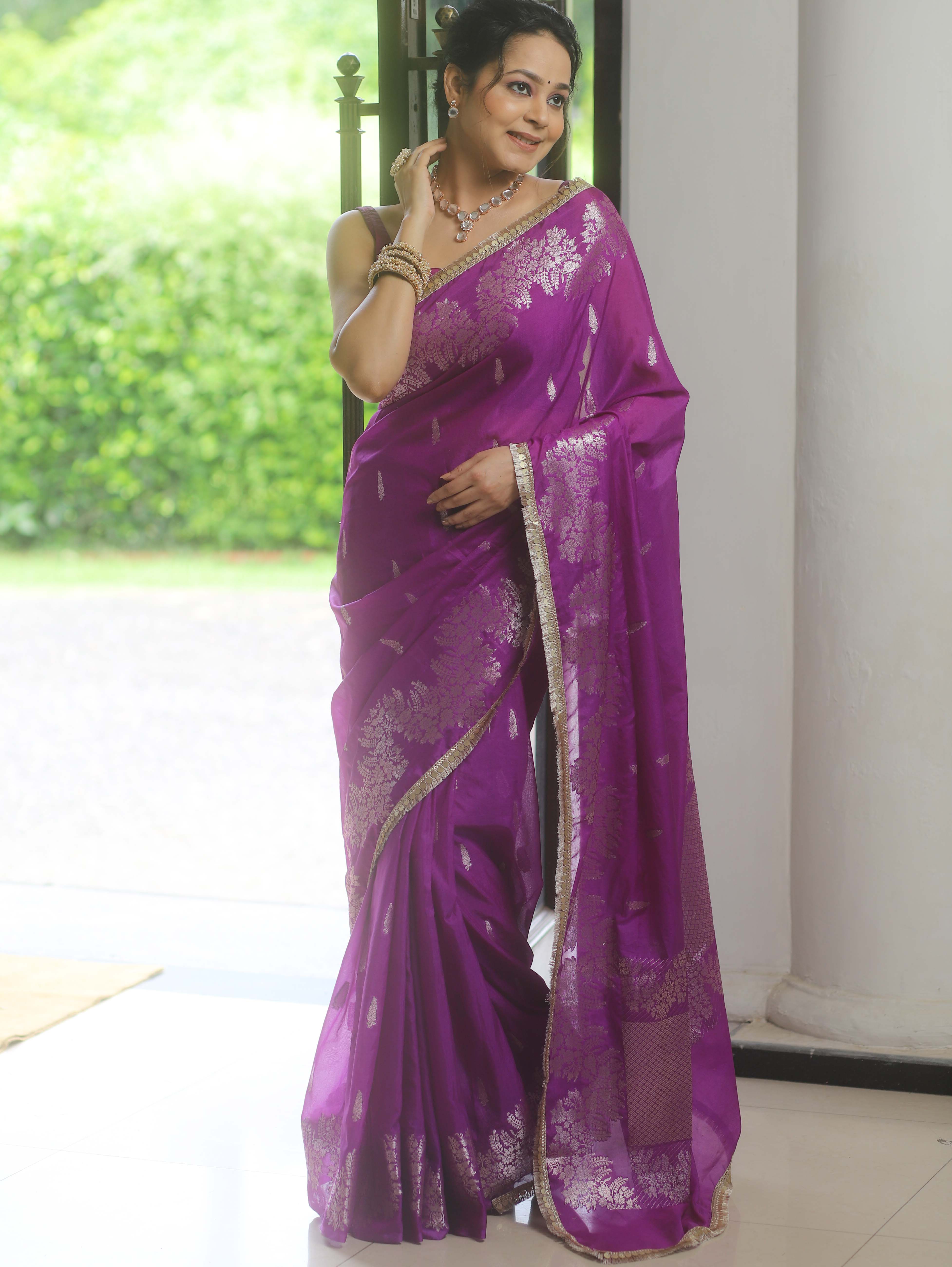 Banarasee Handwoven Katan Silk Saree Zari Border With Lace-Violet