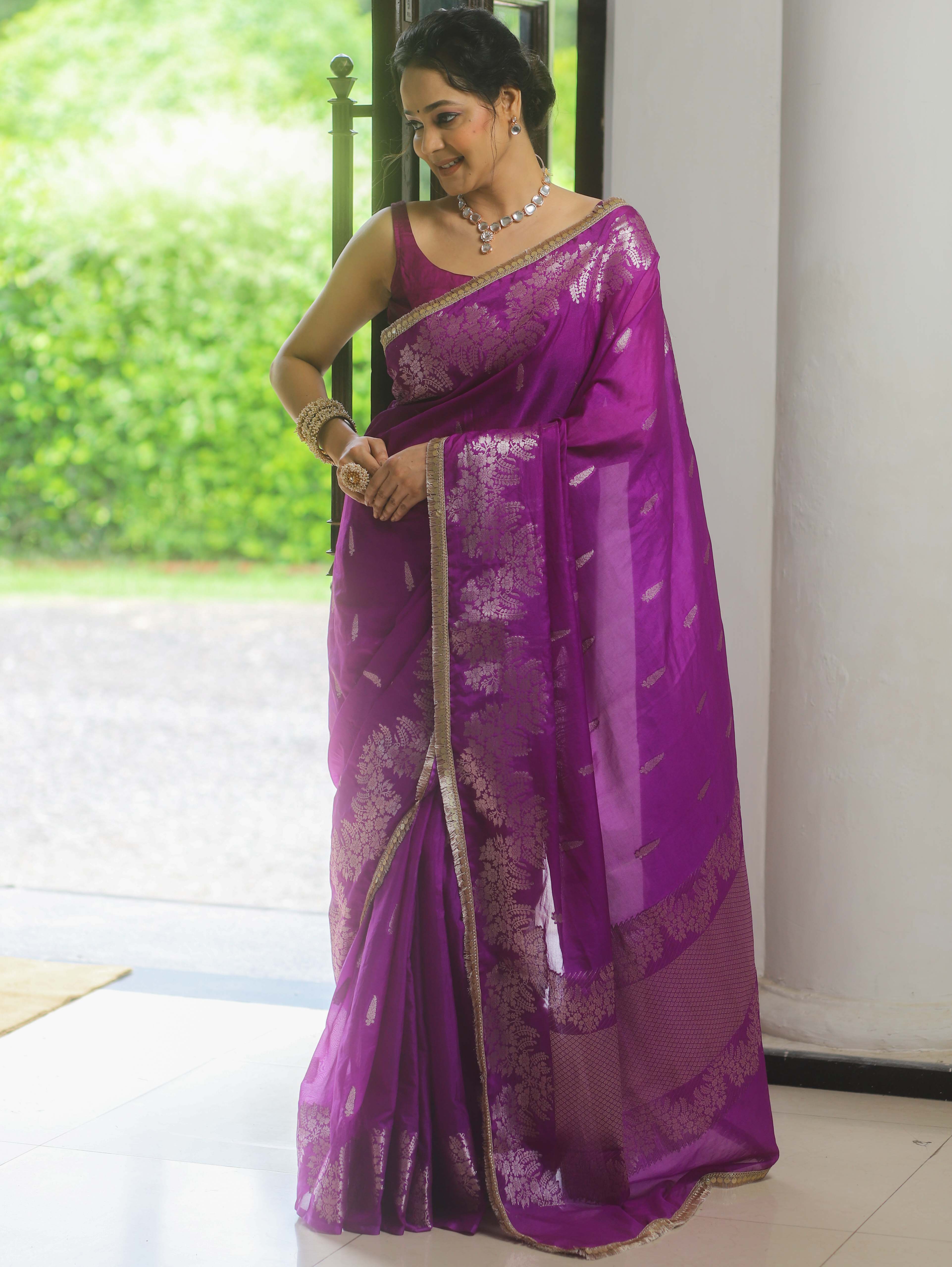 Banarasee Handwoven Katan Silk Saree Zari Border With Lace-Violet