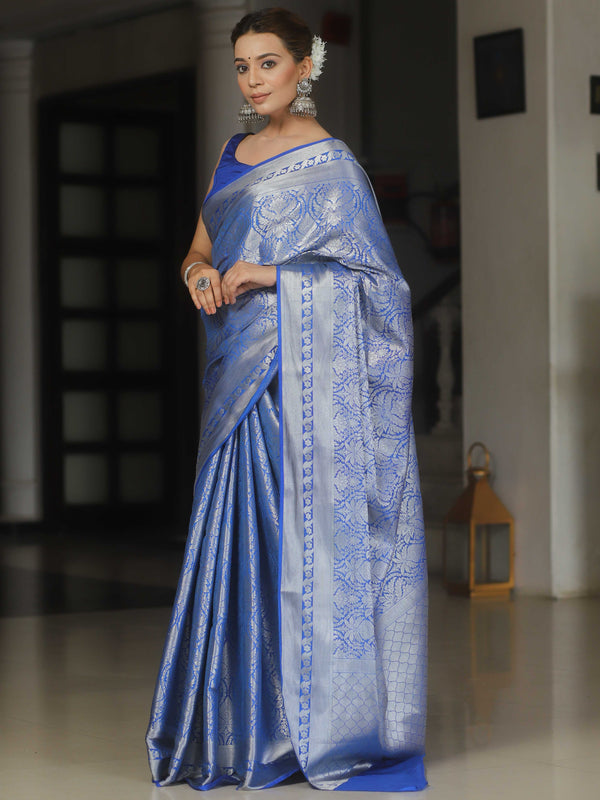 Banarasee Semi-Katan Silver Zari Jaal Design Saree-Royal Blue