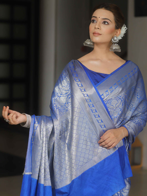 Banarasee Semi-Katan Silver Zari Jaal Design Saree-Royal Blue