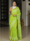 Banarasee Katan-Silk Block Print Saree With Gold Border-Lime Green