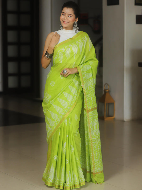 Banarasee Katan-Silk Block Print Saree With Gold Border-Lime Green