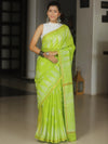 Banarasee Katan-Silk Block Print Saree With Gold Border-Lime Green