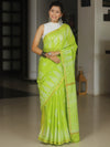 Banarasee Katan-Silk Block Print Saree With Gold Border-Lime Green