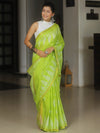 Banarasee Katan-Silk Block Print Saree With Gold Border-Lime Green