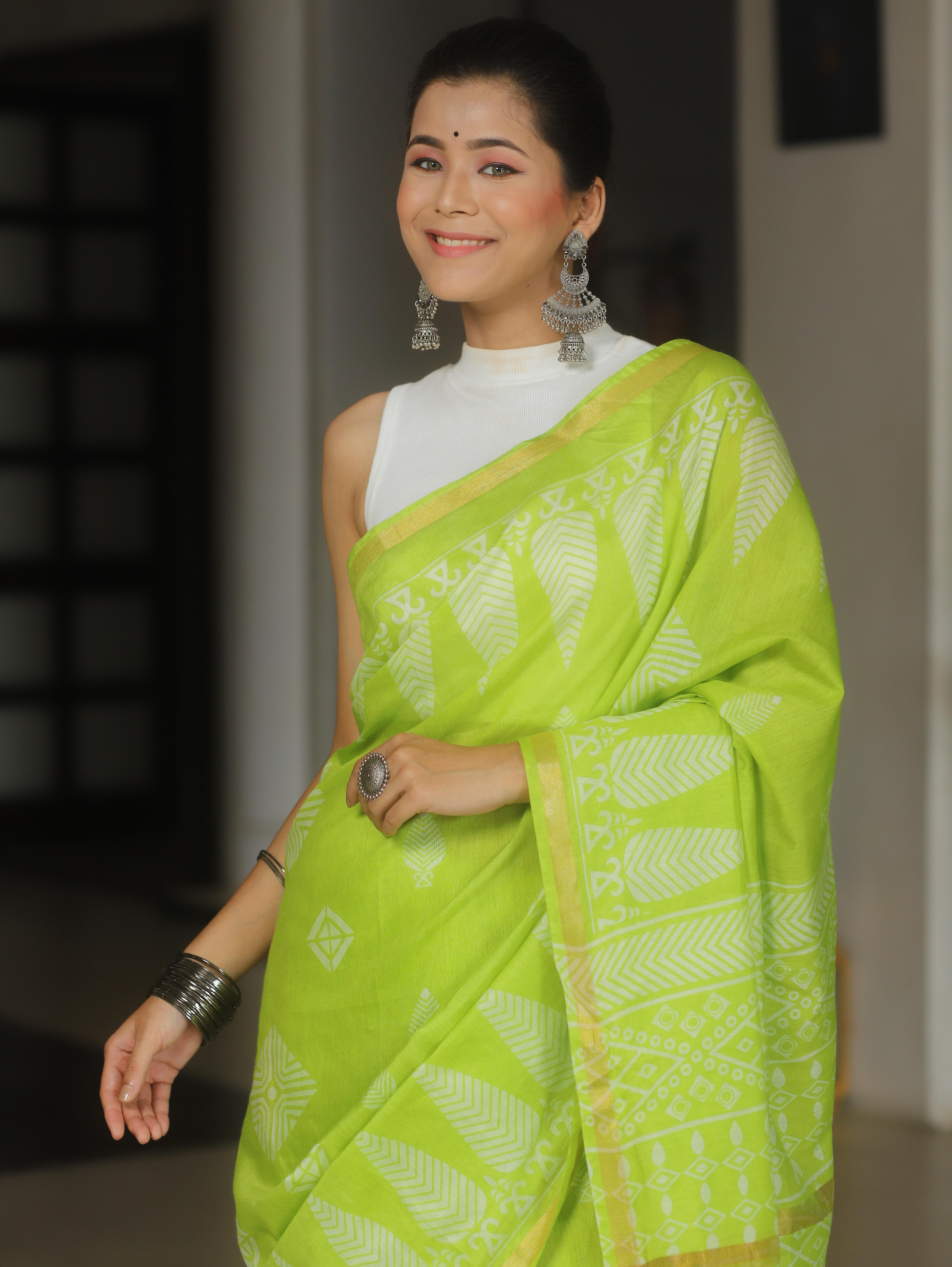 Banarasee Katan-Silk Block Print Saree With Gold Border-Lime Green