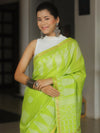 Banarasee Katan-Silk Block Print Saree With Gold Border-Lime Green