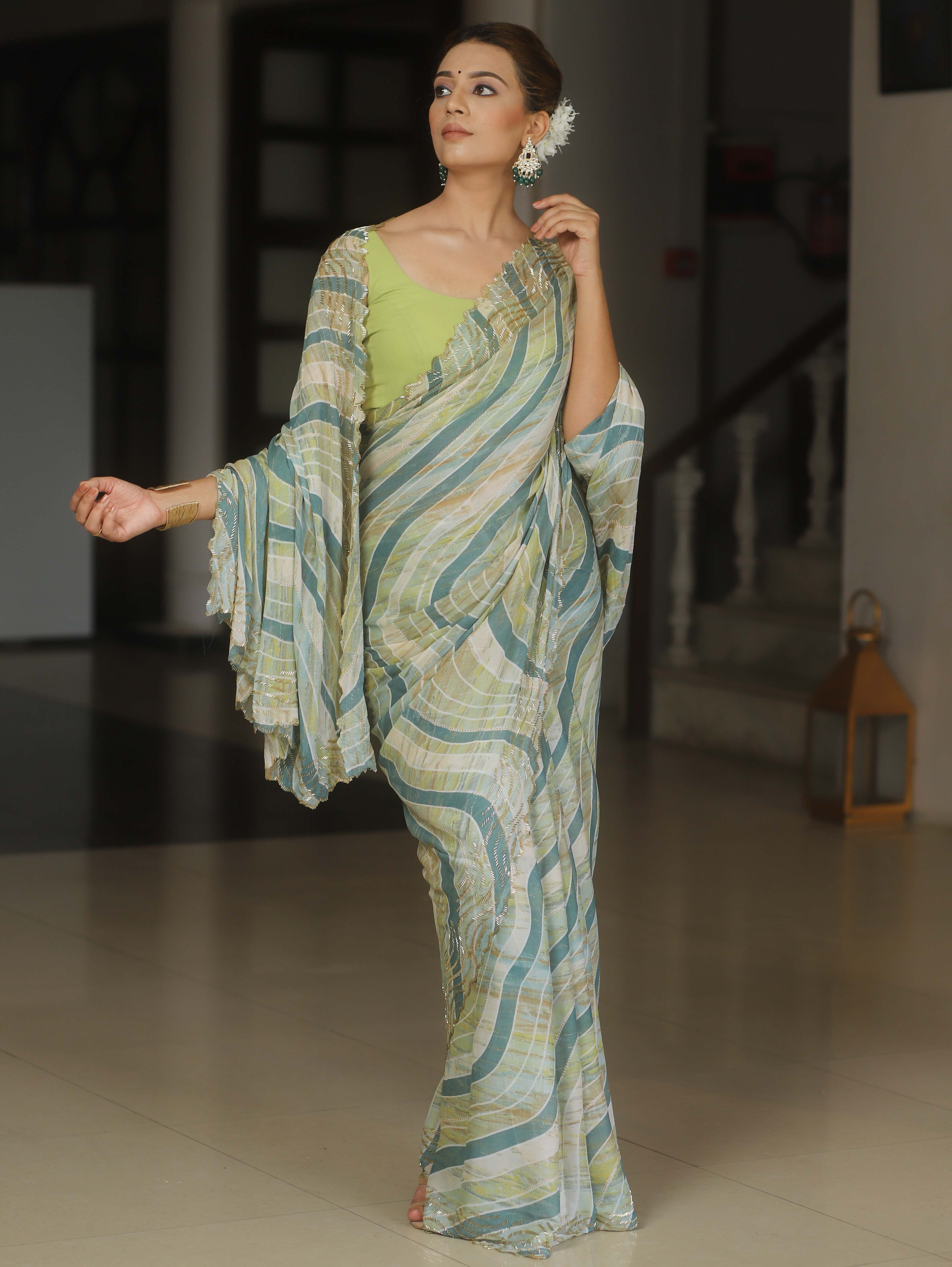 Banarasee Chiffon Lahariya Design Saree With Cutdana Border-Green